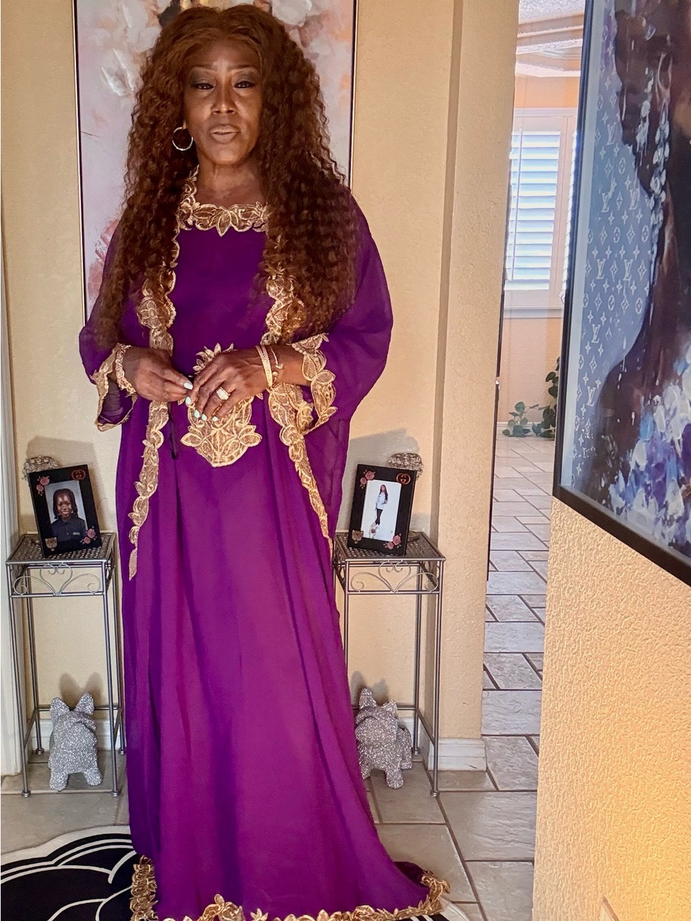 Purple Maxi Kaftan Dress with Gold Embroidered Accents - Picture 3 of 11